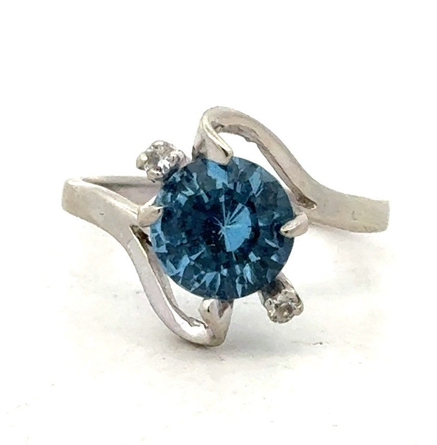 Designer 14K White Gold Round Blue Topaz Solitaire Diamond Ring
