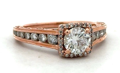 Designer 14K Rose Gold Round White Topaz Square Halo Engagement Ring