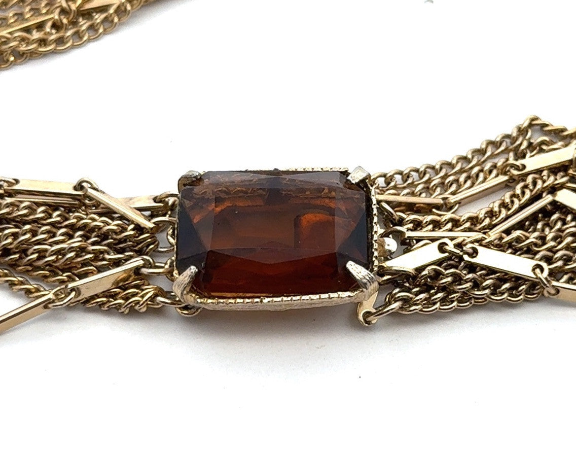 Vintage 1960s Smokey Quartz Gold Toned Multi Strand Layered Necklace