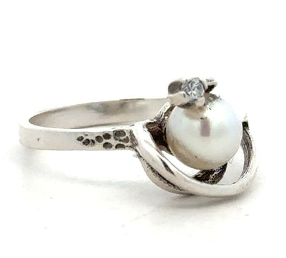 Designer Sterling Silver Pearl Cubic Zirconia Accented Modernist Cocktail Ring