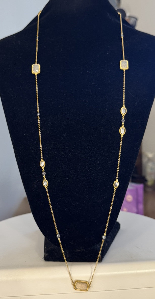 Freida Rothman 14K Gld Plt Sterling Silver MOP Chalcedony CZ Station Necklace