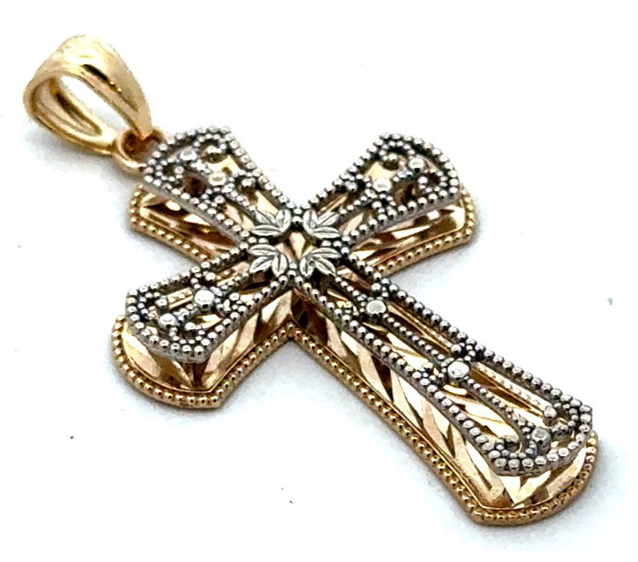 Designer 14K Yellow White Gold Two Tone Open Work Beaded Design Cross Pendant