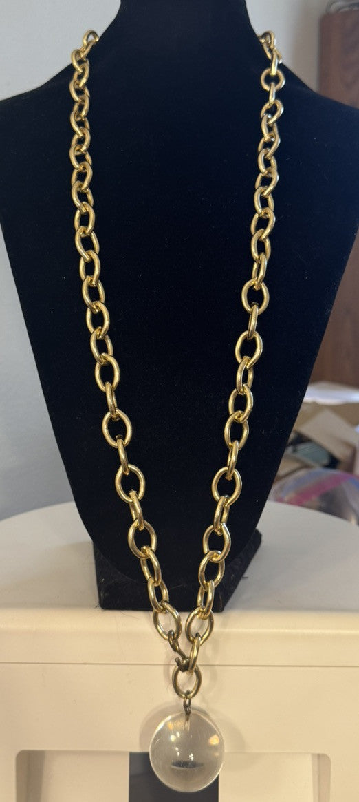 Model Couture Gold Tone Oval Link Lucite Knocker Crystal Ball Statement Necklace