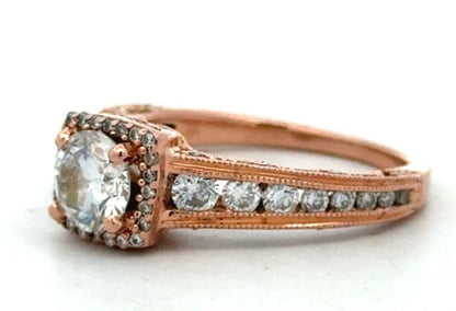 Designer 14K Rose Gold Round White Topaz Square Halo Engagement Ring