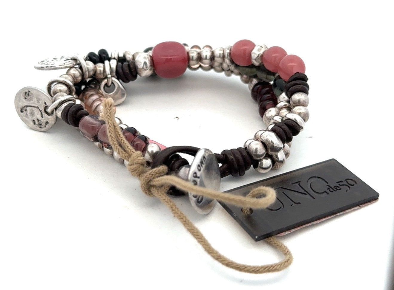 Designer Uno De 50 Agate Glass Metal Charm Beaded Silver Plated Leather Bracelet
