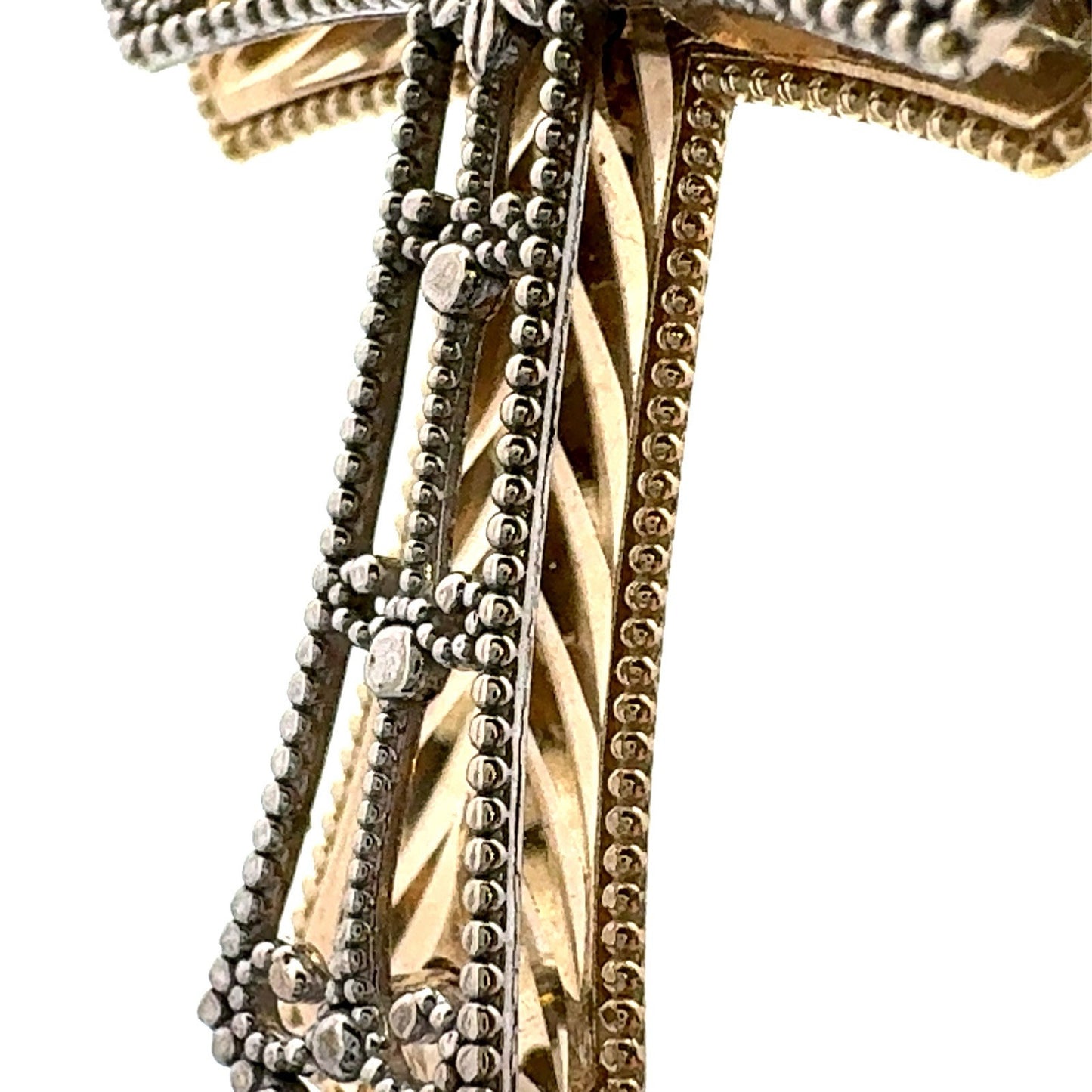 Designer 14K Yellow White Gold Two Tone Open Work Beaded Design Cross Pendant