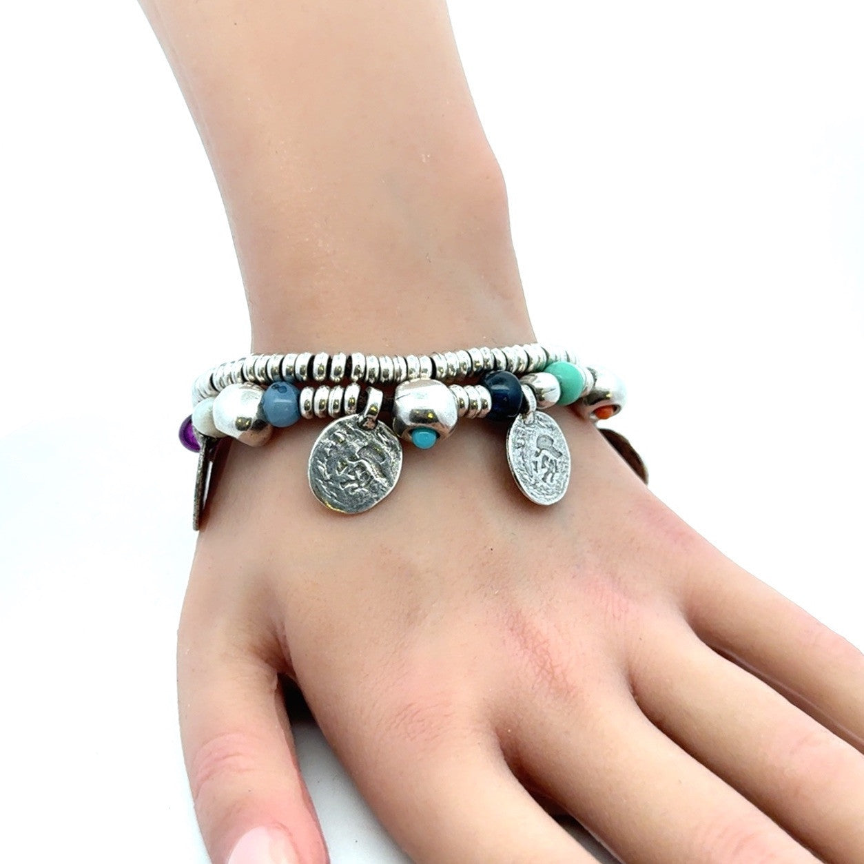 Designer Uno De 50 Multicolored Beaded Silver Plated Two Strand Charm Bracelet