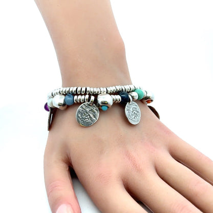 Designer Uno De 50 Multicolored Beaded Silver Plated Two Strand Charm Bracelet