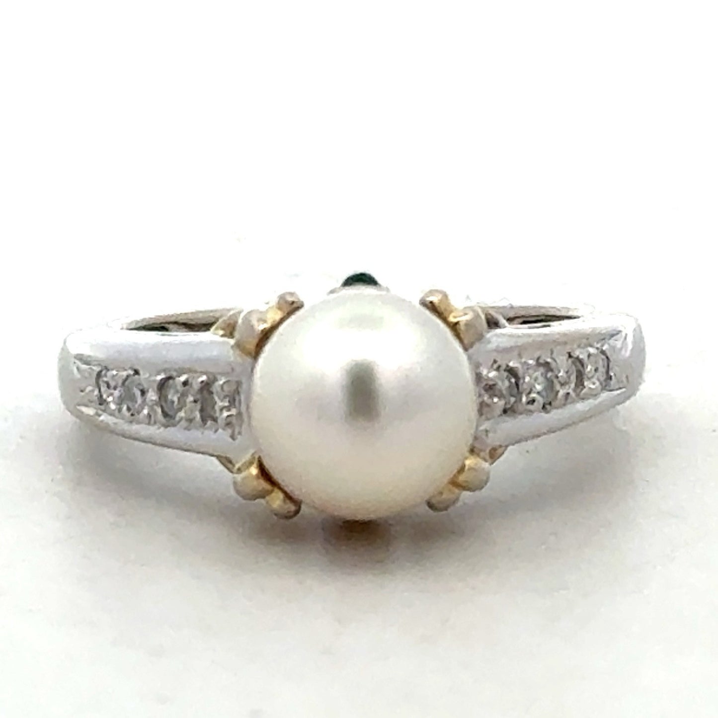 Designer 14K White Yellow Gold Diamond Emerald Pearl Solitaire Anniversary Ring