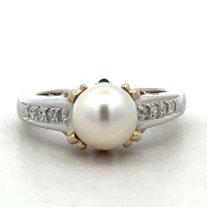 Designer 14K White Yellow Gold Diamond Emerald Pearl Solitaire Anniversary Ring