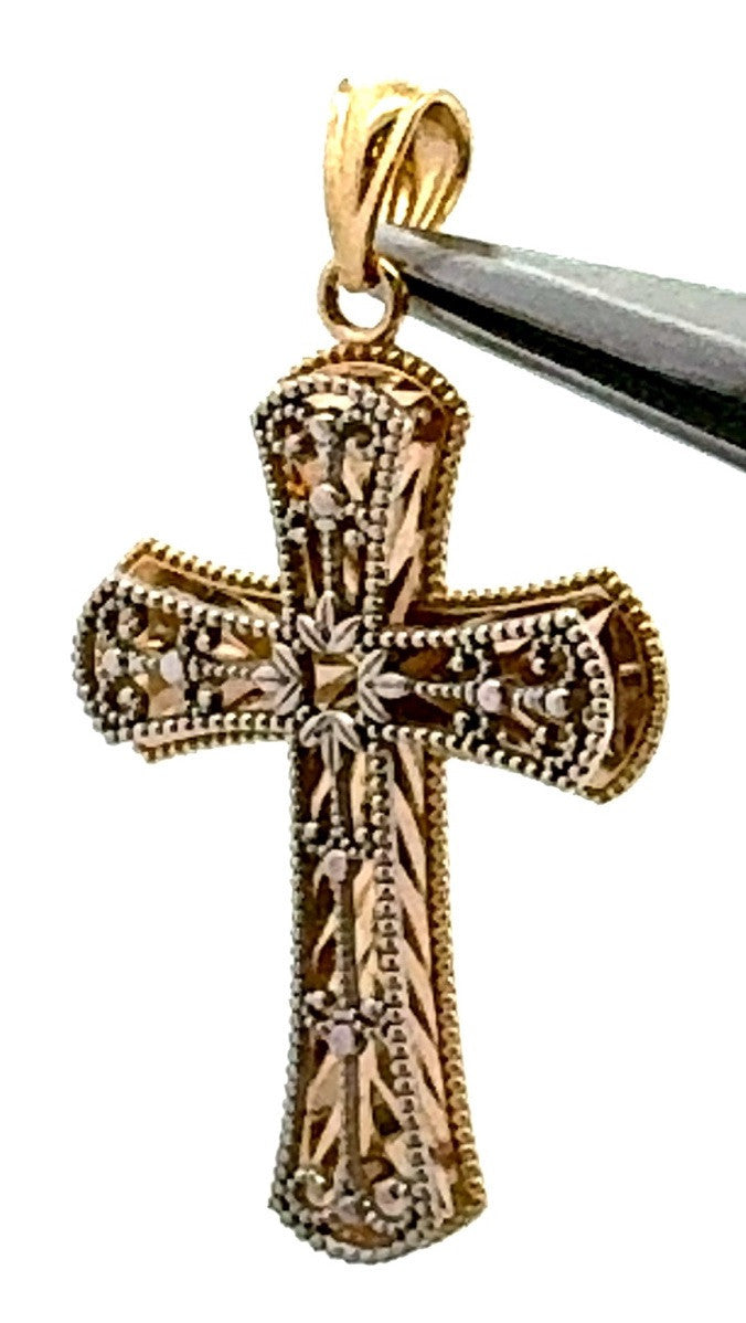 Designer 14K Yellow White Gold Two Tone Open Work Beaded Design Cross Pendant