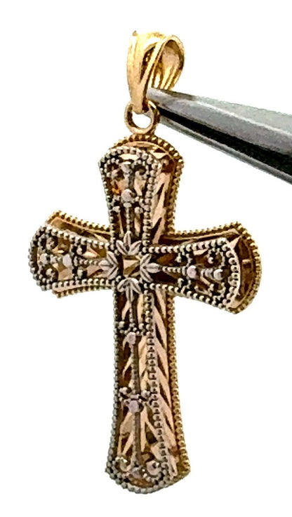 Designer 14K Yellow White Gold Two Tone Open Work Beaded Design Cross Pendant