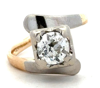 PALI 14K Yellow White Gold Two Tone Round Diamond Bypass Square Engagement Ring