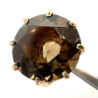 Estate Designer 14K Yellow Gold Round Smoky Topaz Solitaire Statement Ring
