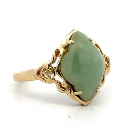 Designer 14K Yellow Gold Clover Green Jade Open Work Ring