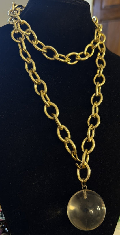 Model Couture Gold Tone Oval Link Lucite Knocker Crystal Ball Statement Necklace