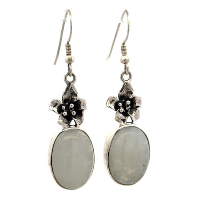 925 Sterling Silver Oval Moonstone Flower Hook Dangle Earrings