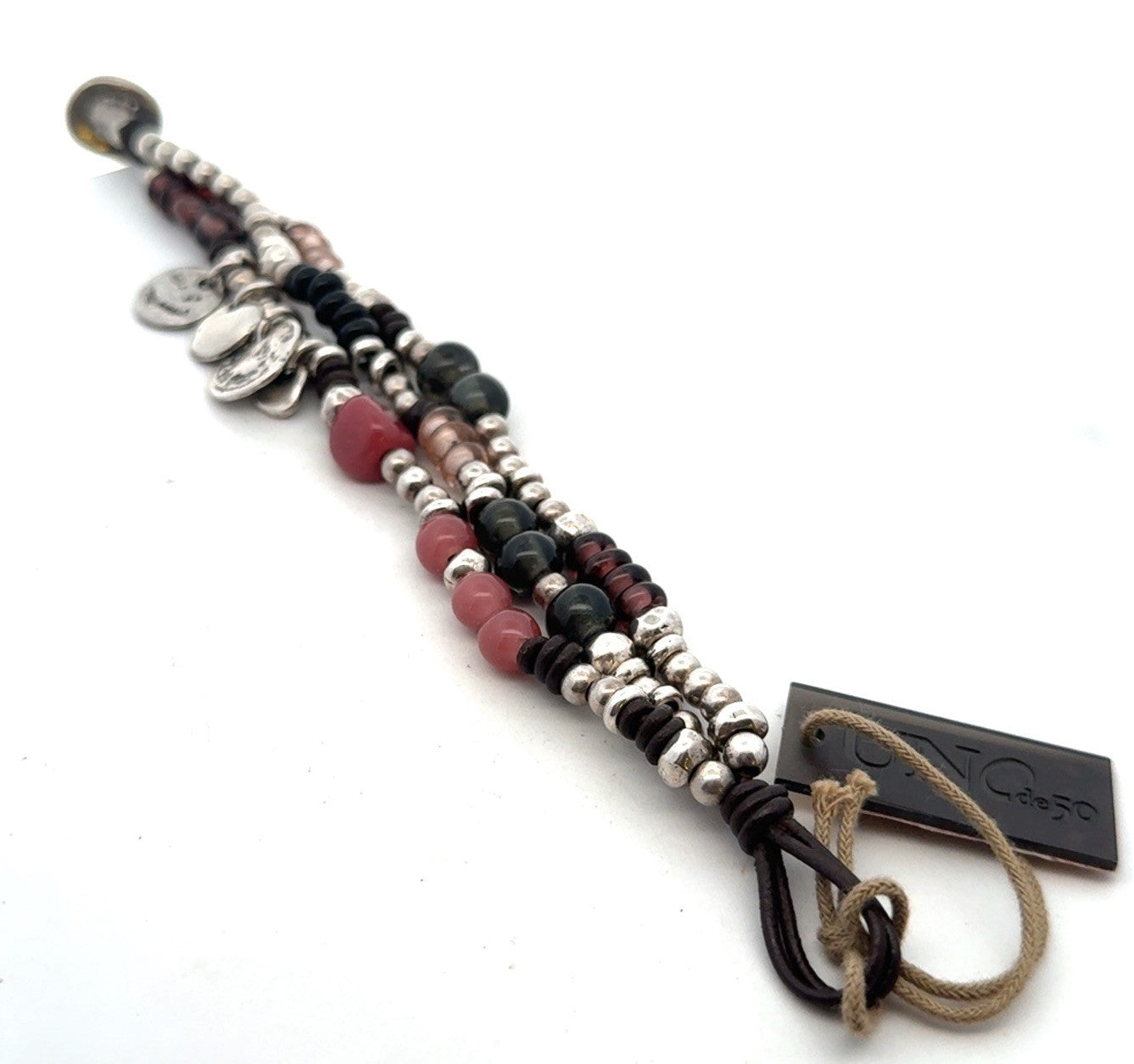 Designer Uno De 50 Agate Glass Metal Charm Beaded Silver Plated Leather Bracelet