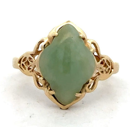 Designer 14K Yellow Gold Clover Green Jade Open Work Ring