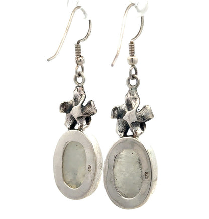 925 Sterling Silver Oval Moonstone Flower Hook Dangle Earrings
