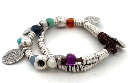 Designer Uno De 50 Multicolored Beaded Silver Plated Two Strand Charm Bracelet