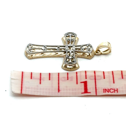 Designer 14K Yellow White Gold Two Tone Open Work Beaded Design Cross Pendant