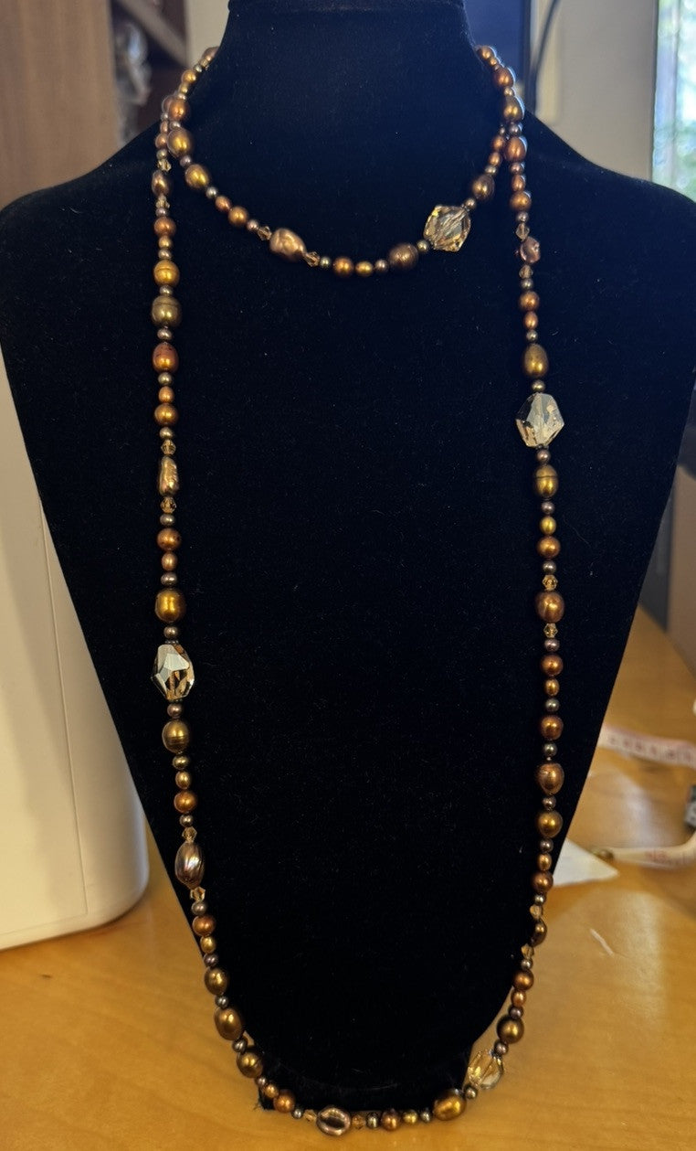 Vintage Bronze Tone Baroque Pearl Crystal Beaded Layering Necklace
