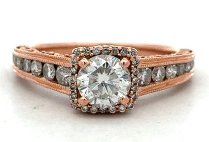 Designer 14K Rose Gold Round White Topaz Square Halo Engagement Ring