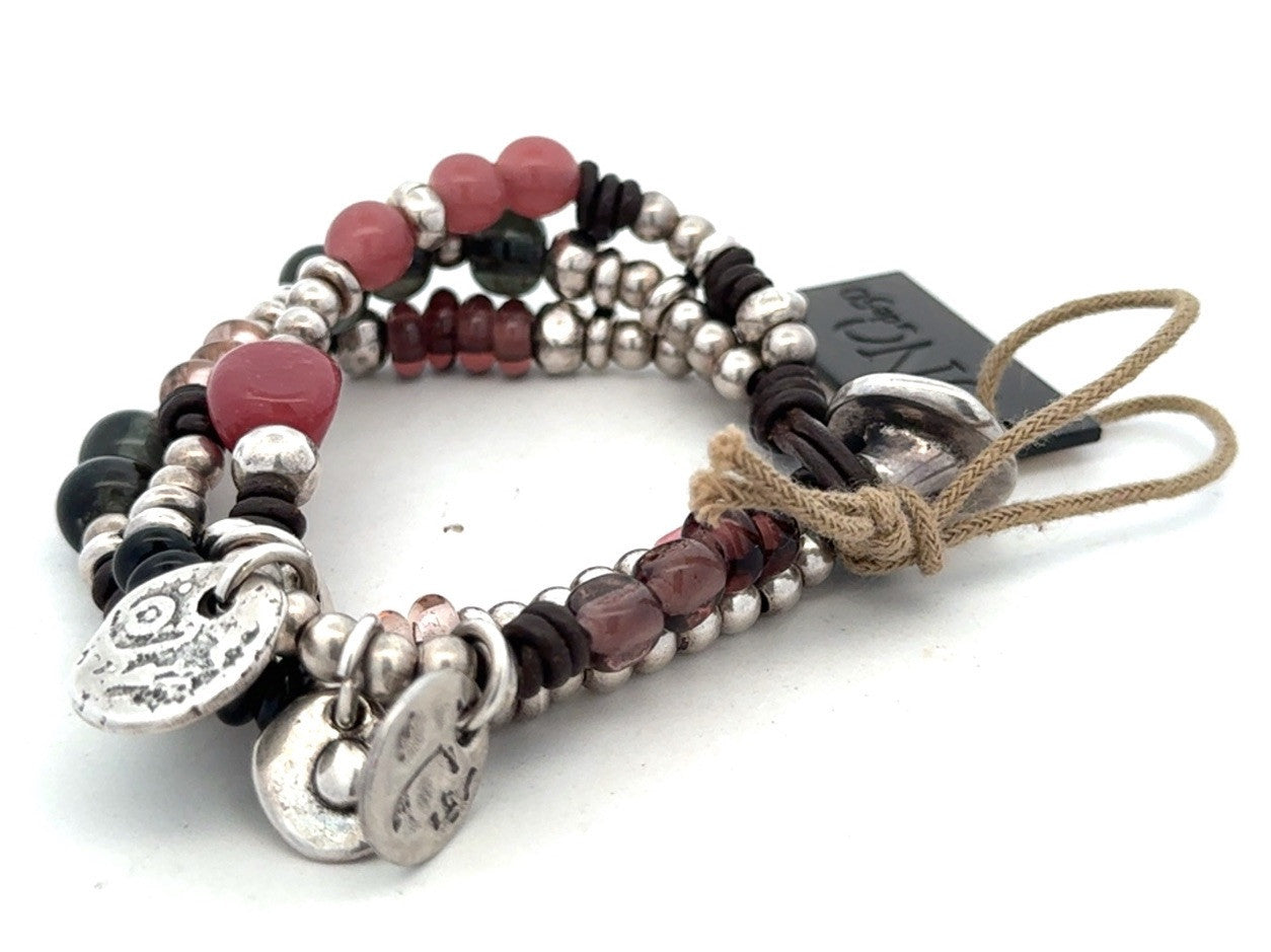 Designer Uno De 50 Agate Glass Metal Charm Beaded Silver Plated Leather Bracelet