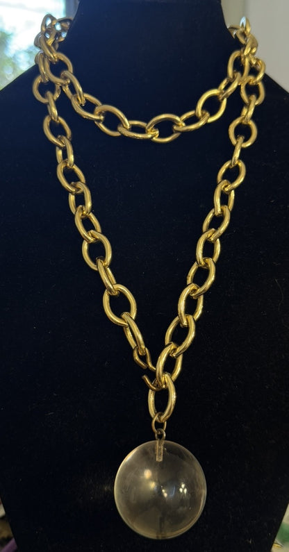Model Couture Gold Tone Oval Link Lucite Knocker Crystal Ball Statement Necklace