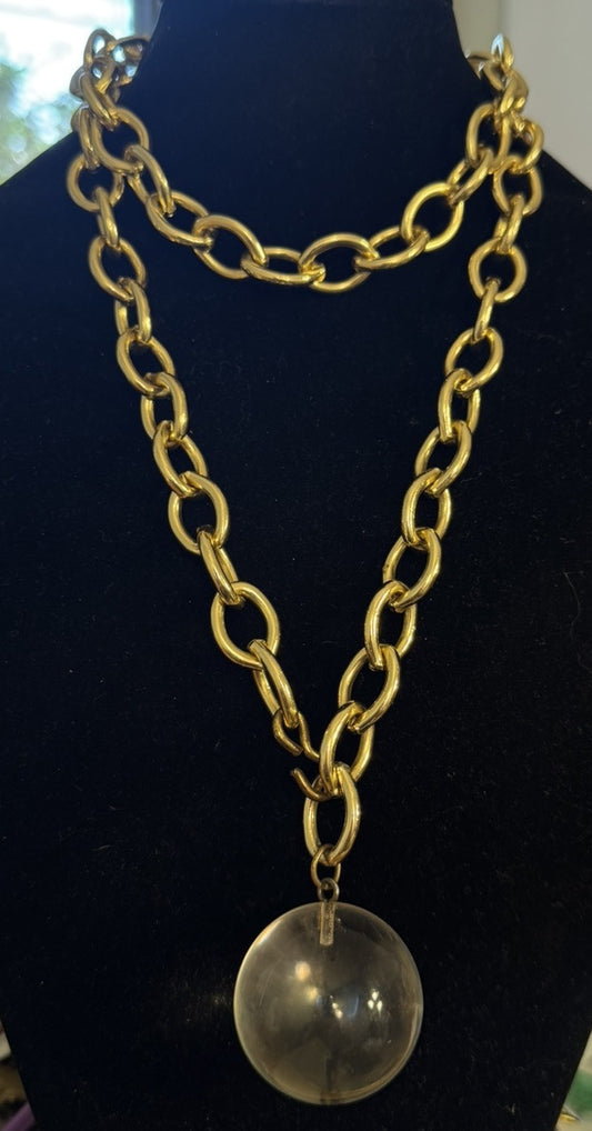 Model Couture Gold Tone Oval Link Lucite Knocker Crystal Ball Statement Necklace