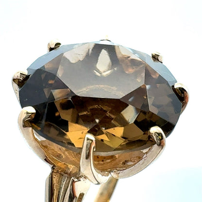 Estate Designer 14K Yellow Gold Round Smoky Topaz Solitaire Statement Ring