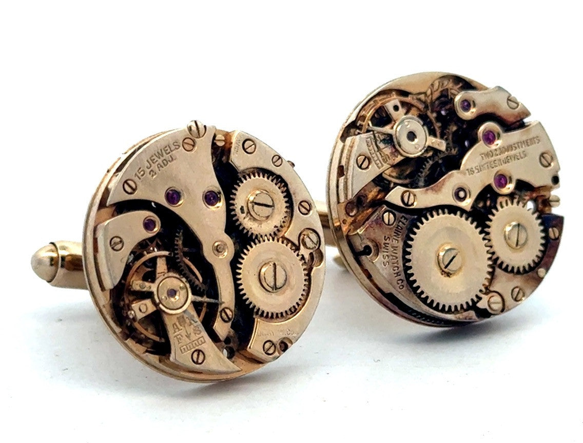 Vintage Designer Dante Gold Tone Inner Watch Movement Round Cufflinks