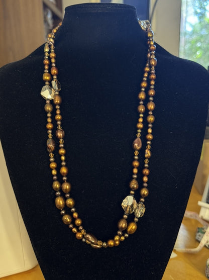 Vintage Bronze Tone Baroque Pearl Crystal Beaded Layering Necklace