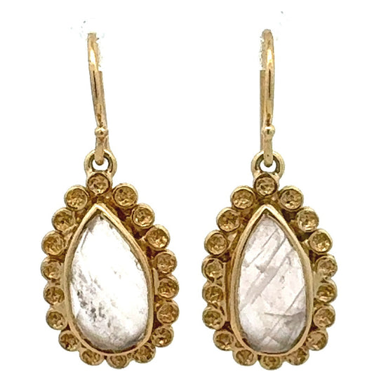 Designer Melinda Maria Gold Tone Cushion Moonstone Pear Teardrop Dangle Earrings