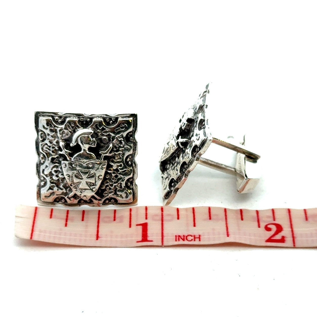 Vintage Embossed Shield 925 Sterling Silver Square Knight Detail Cufflinks