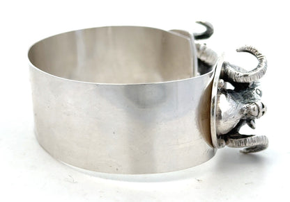 Artisan 925 Sterling Silver Ram's Head Aries Zodiac Statement Open Cuff Bracelet