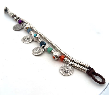 Designer Uno De 50 Multicolored Beaded Silver Plated Two Strand Charm Bracelet