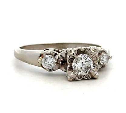 Estate 14K White Gold Round Square Illusion Set Diamond Trio Engagement Ring