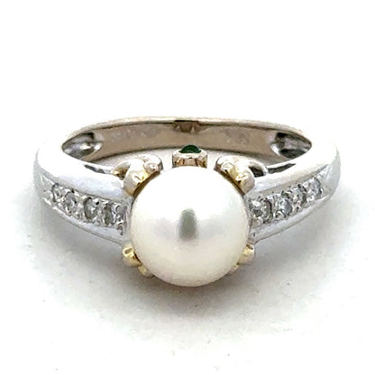 Designer 14K White Yellow Gold Diamond Emerald Pearl Solitaire Anniversary Ring