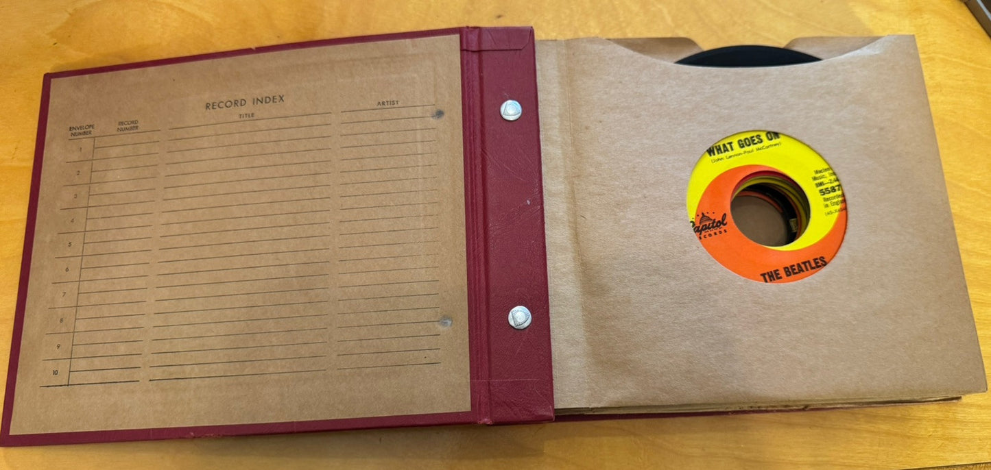 1960's Red Leather RECORDS Book Containing Ten 45 Mixed Artists Vinyl Lot