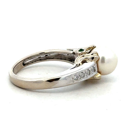 Designer 14K White Yellow Gold Diamond Emerald Pearl Solitaire Anniversary Ring