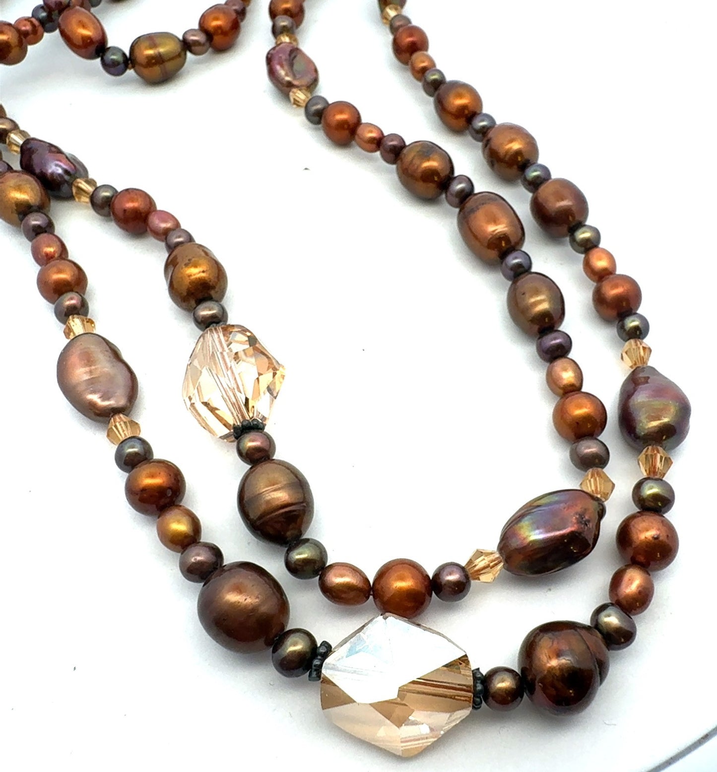 Vintage Bronze Tone Baroque Pearl Crystal Beaded Layering Necklace