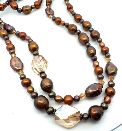 Vintage Bronze Tone Baroque Pearl Crystal Beaded Layering Necklace