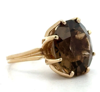 Estate Designer 14K Yellow Gold Round Smoky Topaz Solitaire Statement Ring