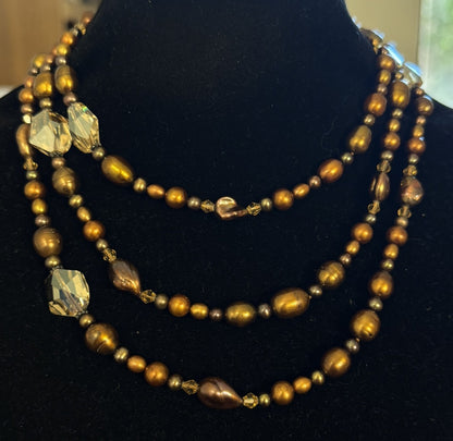 Vintage Bronze Tone Baroque Pearl Crystal Beaded Layering Necklace
