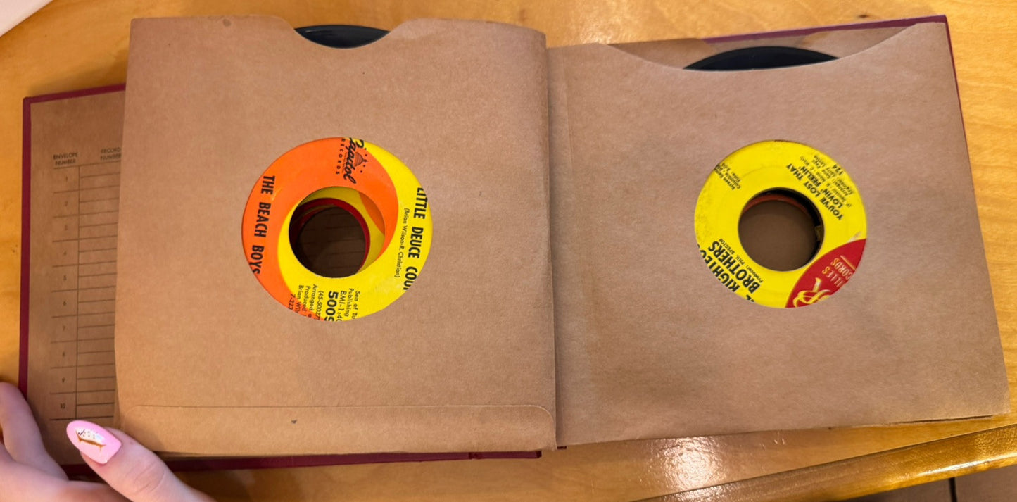 1960's Red Leather RECORDS Book Containing Ten 45 Mixed Artists Vinyl Lot