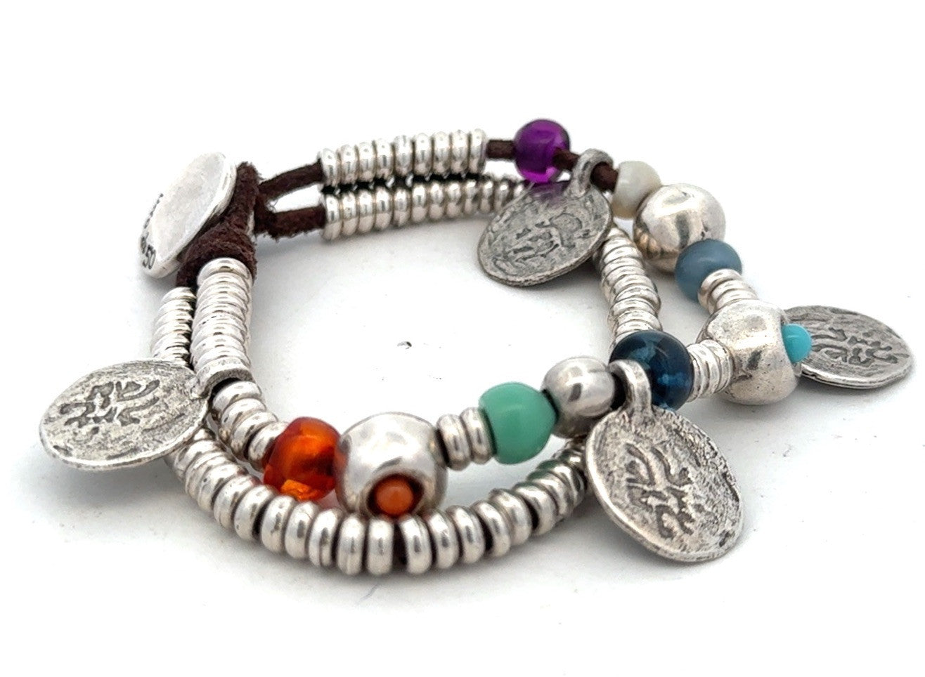 Designer Uno De 50 Multicolored Beaded Silver Plated Two Strand Charm Bracelet