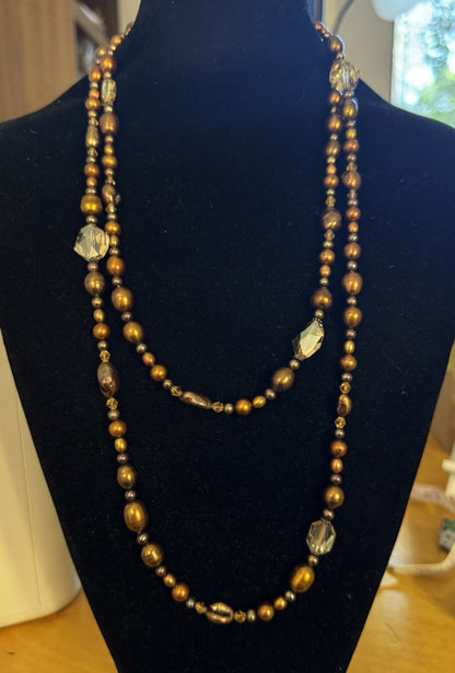 Vintage Bronze Tone Baroque Pearl Crystal Beaded Layering Necklace