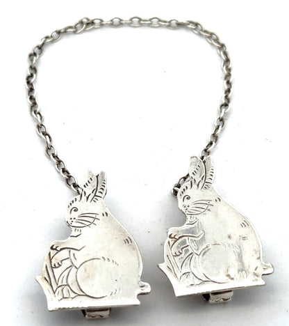 Vintage Webster Co 925 Sterling Silver Etched Bunny Rabbit Sweater Scarf Clips